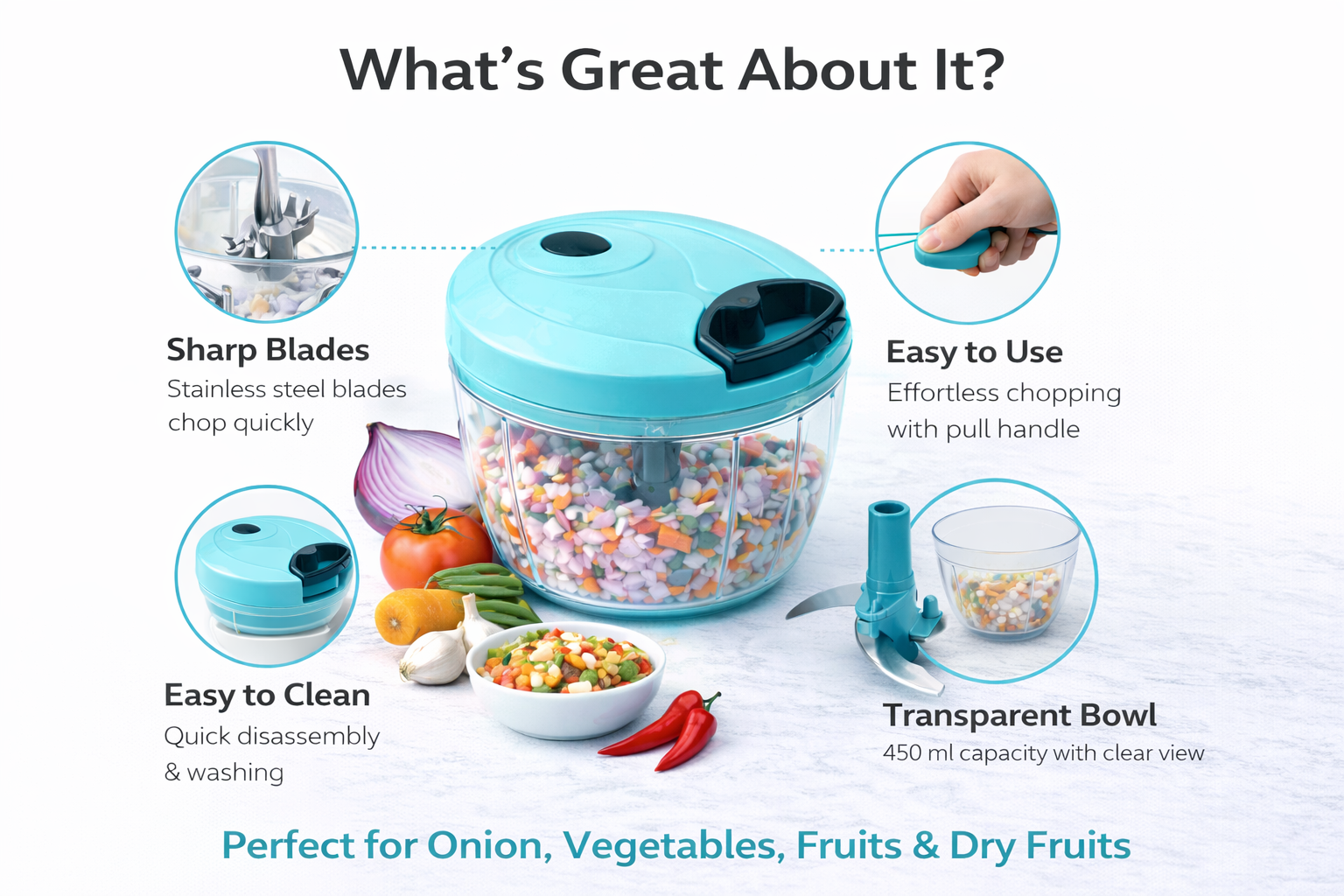 FYNMART Compact Chopper with Blades effortlessly Chopping Big Size Kitchen Dori Handy Vegetable and Fruit Manual Onion Dry Fruit Salad Maker Vegetable Quick Chopper (450 ml,  image 3