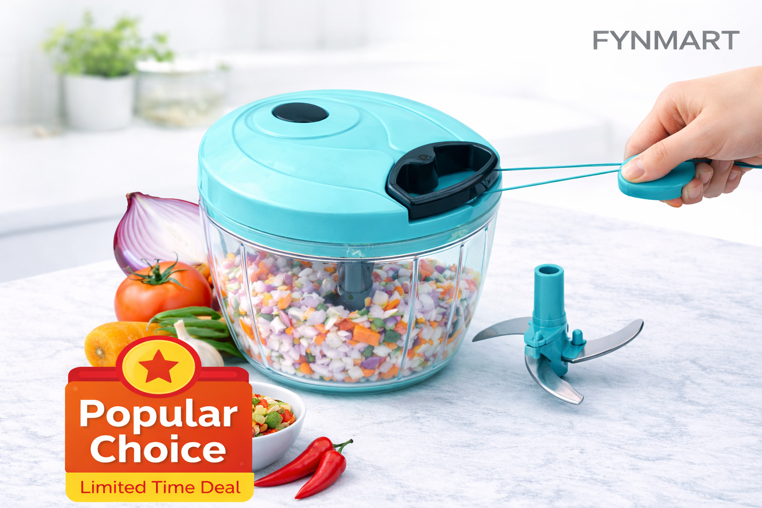 FYNMART Compact Chopper with Blades effortlessly Chopping Big Size Kitchen Dori Handy Vegetable and Fruit Manual Onion Dry Fruit Salad Maker Vegetable Quick Chopper (450 ml, 